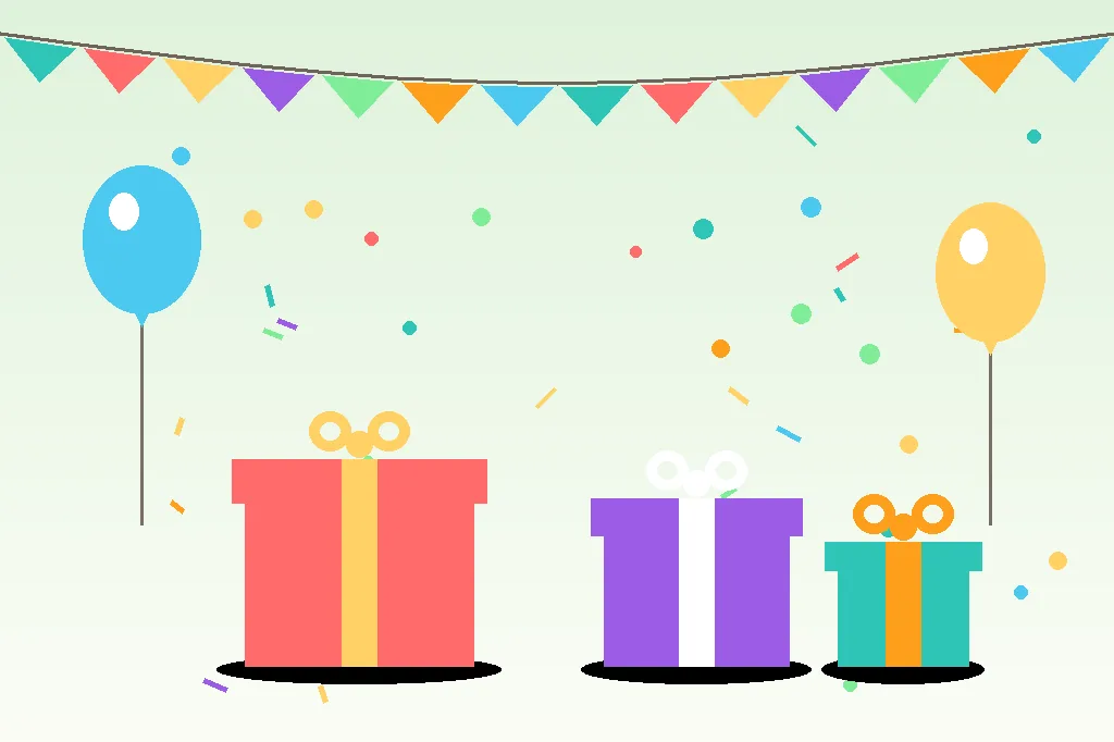 Birthday wishes for friend celebration — flat illustration of gift boxes, balloons and party bunting