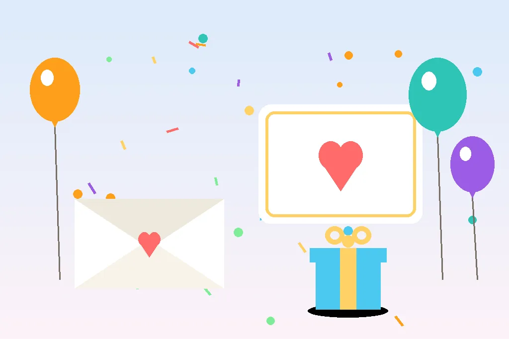 Birthday wishes for friend card — flat illustration of a greeting card, envelope and confetti
