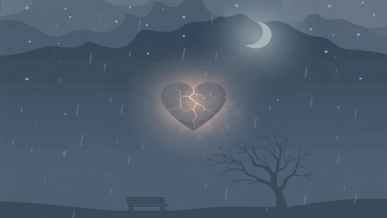 Heart touching sad love messages — cracked glowing heart in a rainy night sky illustration