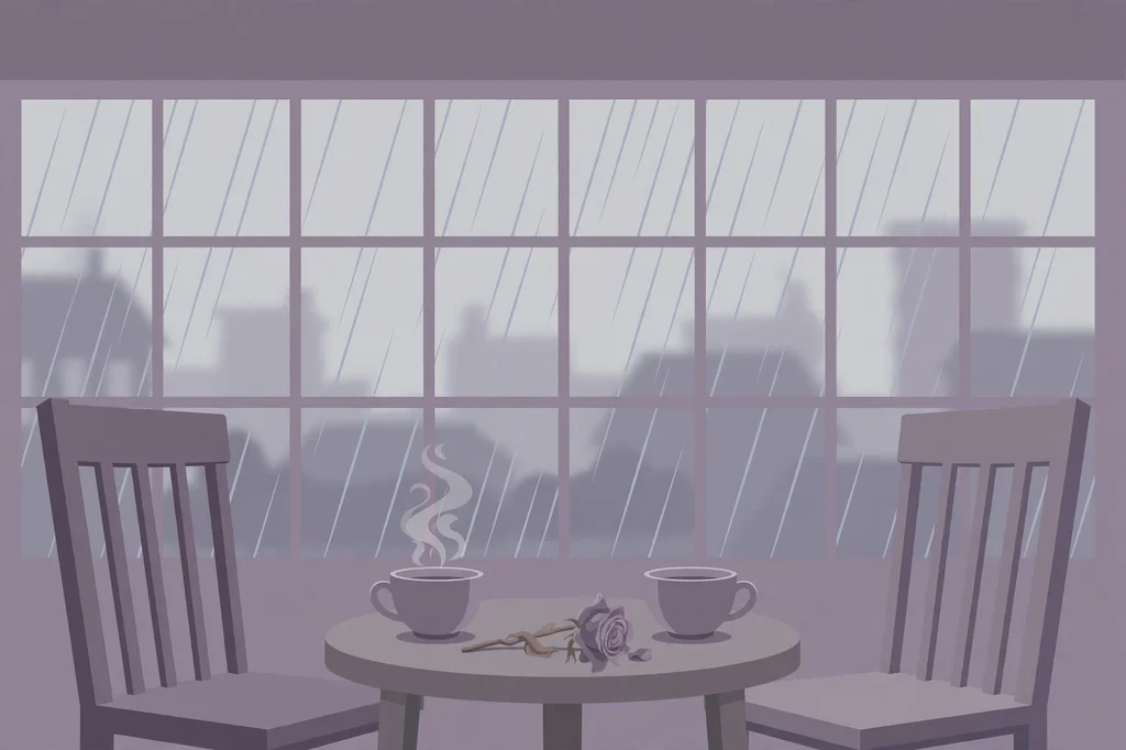 Sad love messages about missing someone β two empty chairs and coffee cups by a rainy window illustration