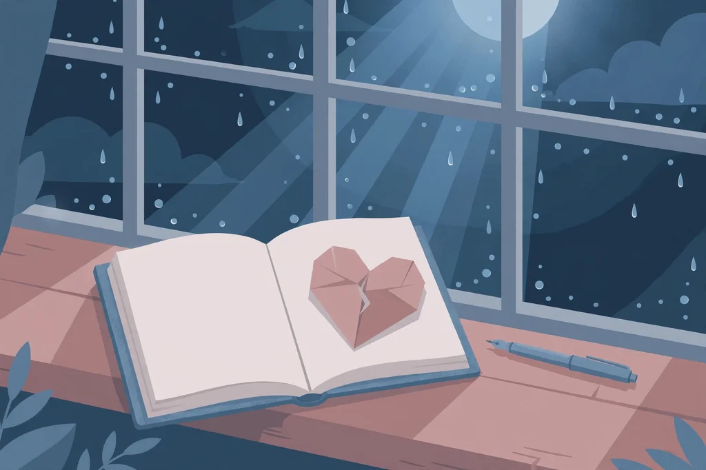 Long emotional sad love texts β open diary with a cracked paper heart in moonlight illustration