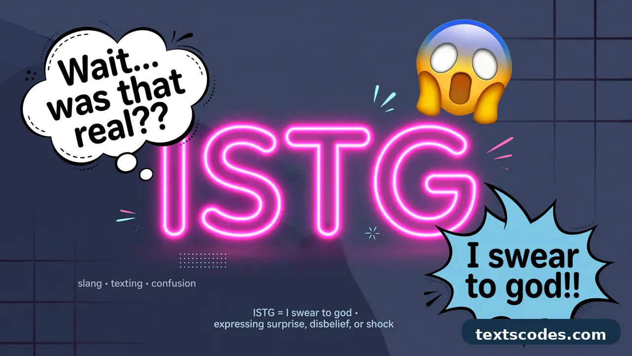 Neon ISTG slang term graphic with shocked emoji and comic speech bubbles - Flat illustration of a raised hand and phone showing the emotional emphasis of istg meaning