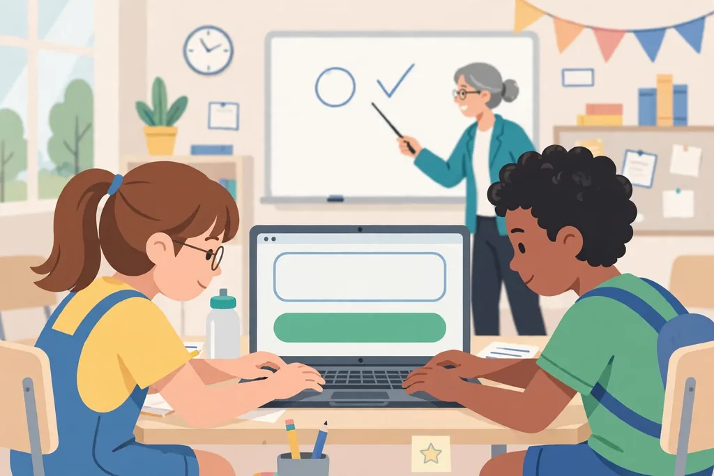Students in a classroom joining an online quiz on laptops by typing a game code