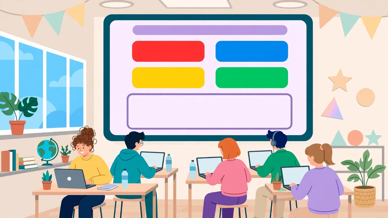 Classroom illustration of students on laptops joining an online quiz shown on a big screen with colorful answer buttons