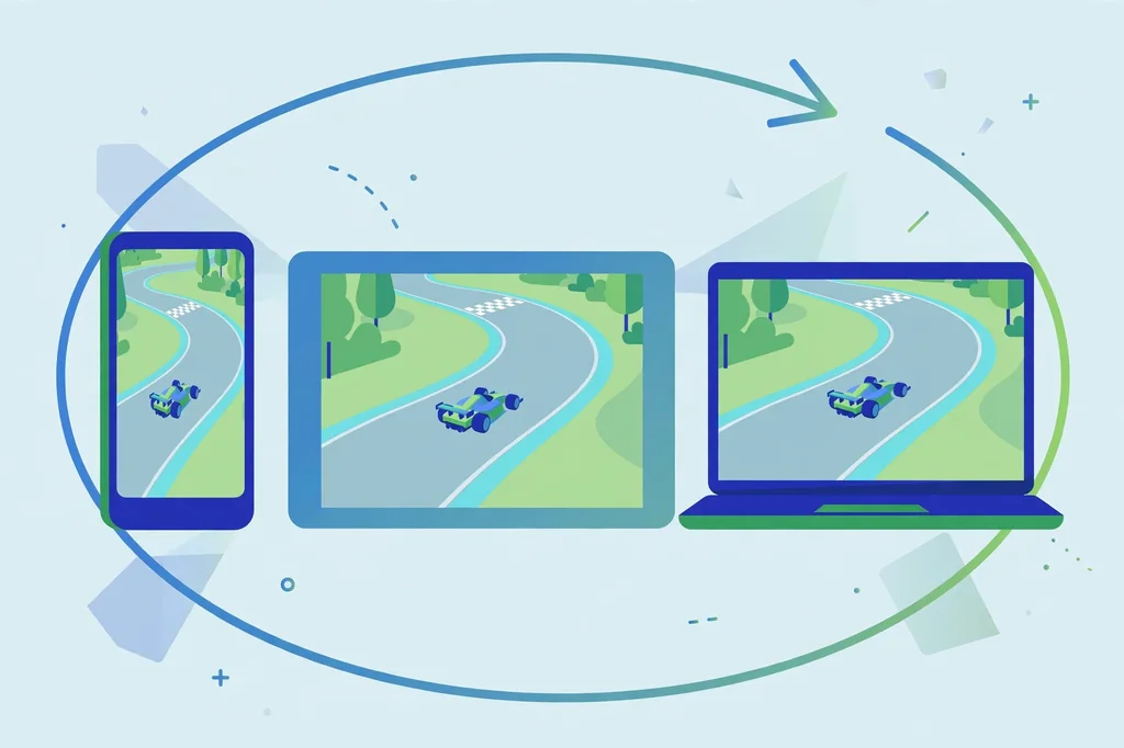PlayMyWorld cross platform play on phone, tablet and laptop illustration