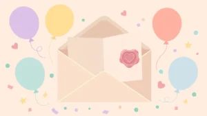 Flat illustration of an open birthday letter card with a heart-shaped wax seal, pastel balloons, and confetti