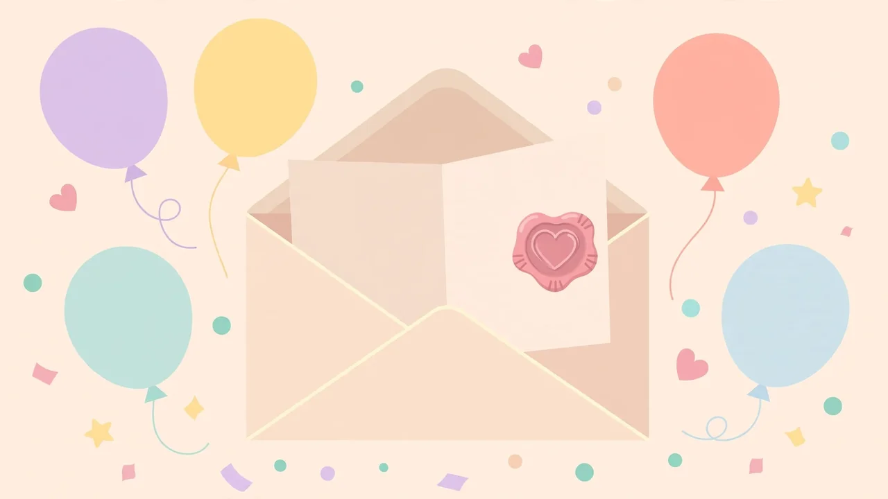 Flat illustration of an open birthday letter card with a heart-shaped wax seal, pastel balloons, and confetti