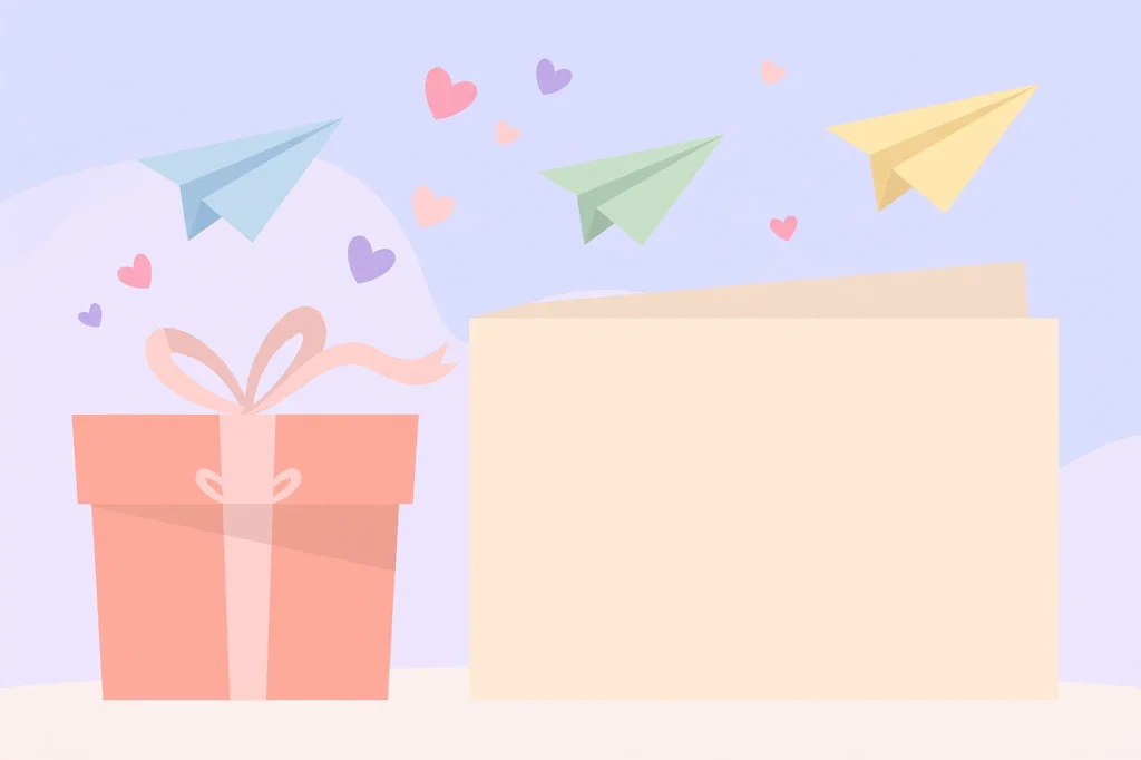 Flat illustration of a birthday gift box with ribbon beside a blank letter card, paper airplanes and hearts floating above