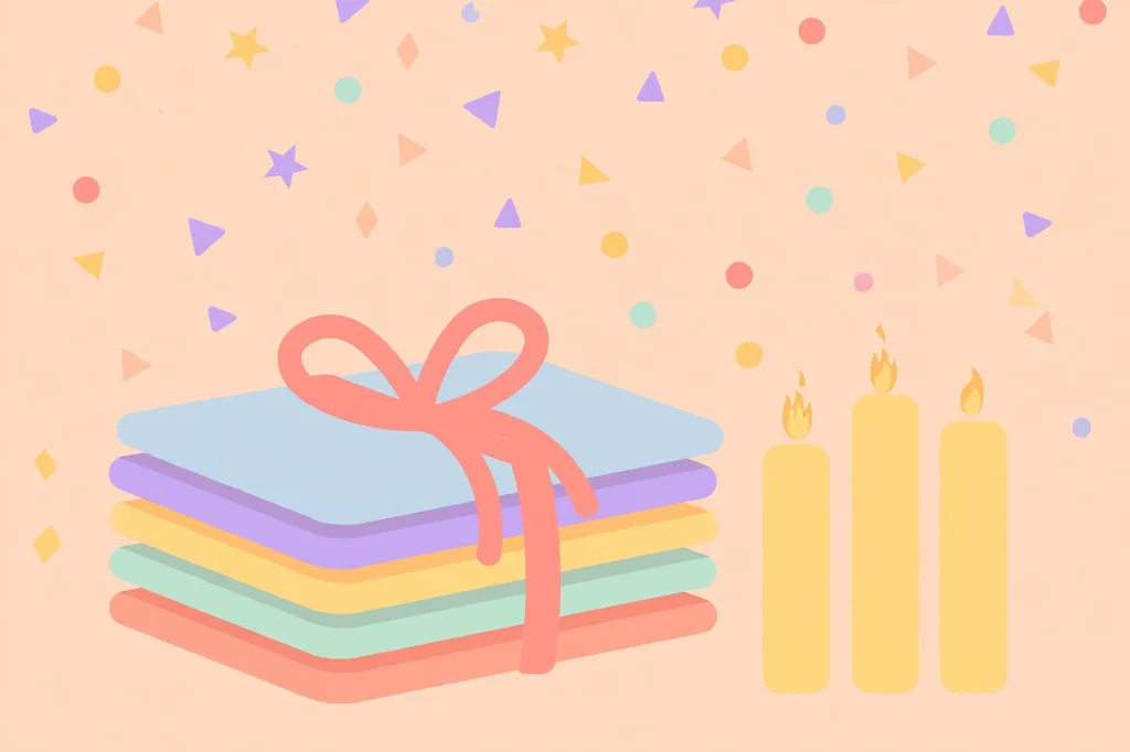 Flat illustration of a stack of birthday greeting cards tied with ribbon, lit candles, and falling confetti