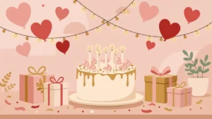 Romantic lover birthday wishes in Kannada featured illustration with birthday cake, heart balloons and gifts