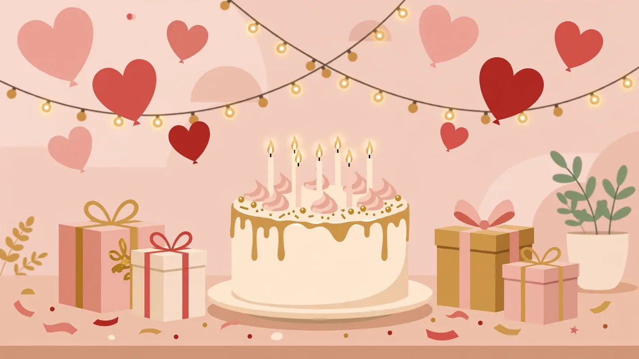 Romantic lover birthday wishes in Kannada featured illustration with birthday cake, heart balloons and gifts