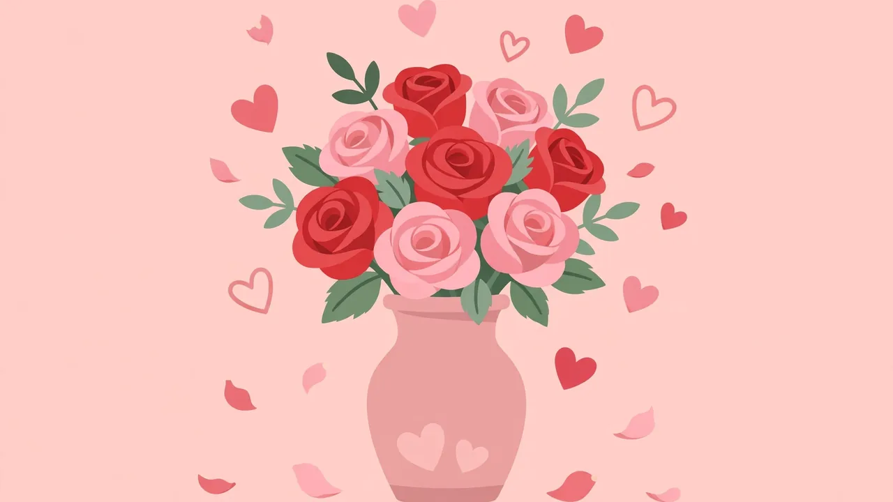 National Wife Day 2026 flat illustration of red and pink roses in a vase with floating hearts