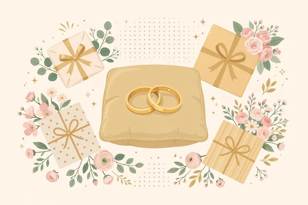 National Wife Day gift ideas illustration with wedding rings, flowers and gift boxes