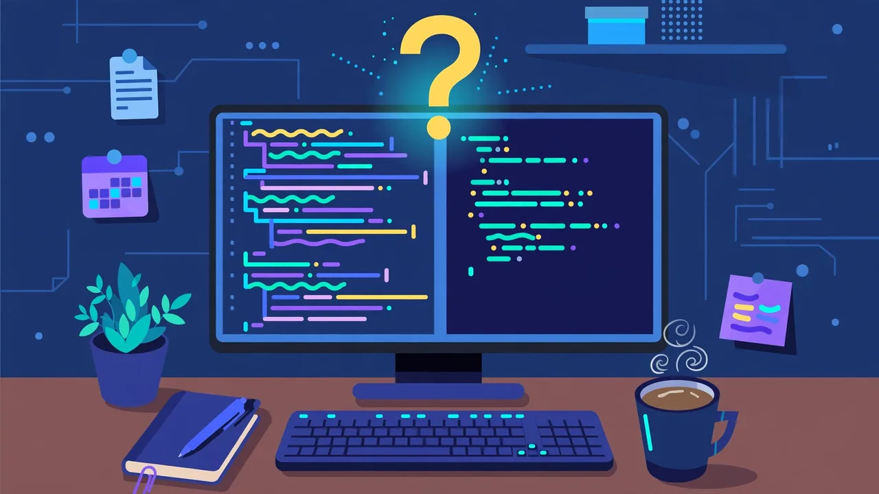 Developer workspace illustration with a monitor showing Python code and a large question mark above the screen