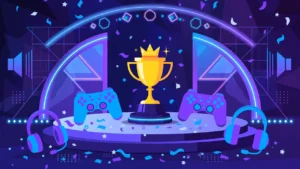 Flat illustration of a competitive online gaming arena with trophy, controllers and neon lights representing PlayBattleSquare