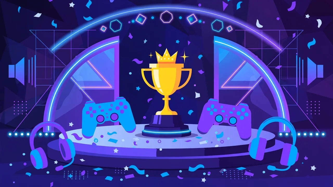 Flat illustration of a competitive online gaming arena with trophy, controllers and neon lights representing PlayBattleSquare