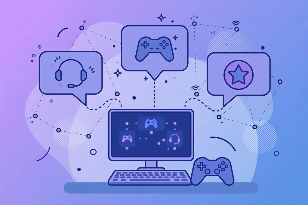 Flat illustration of a multiplayer gaming setup with monitor, controller and chat bubbles showing PlayBattleSquare community