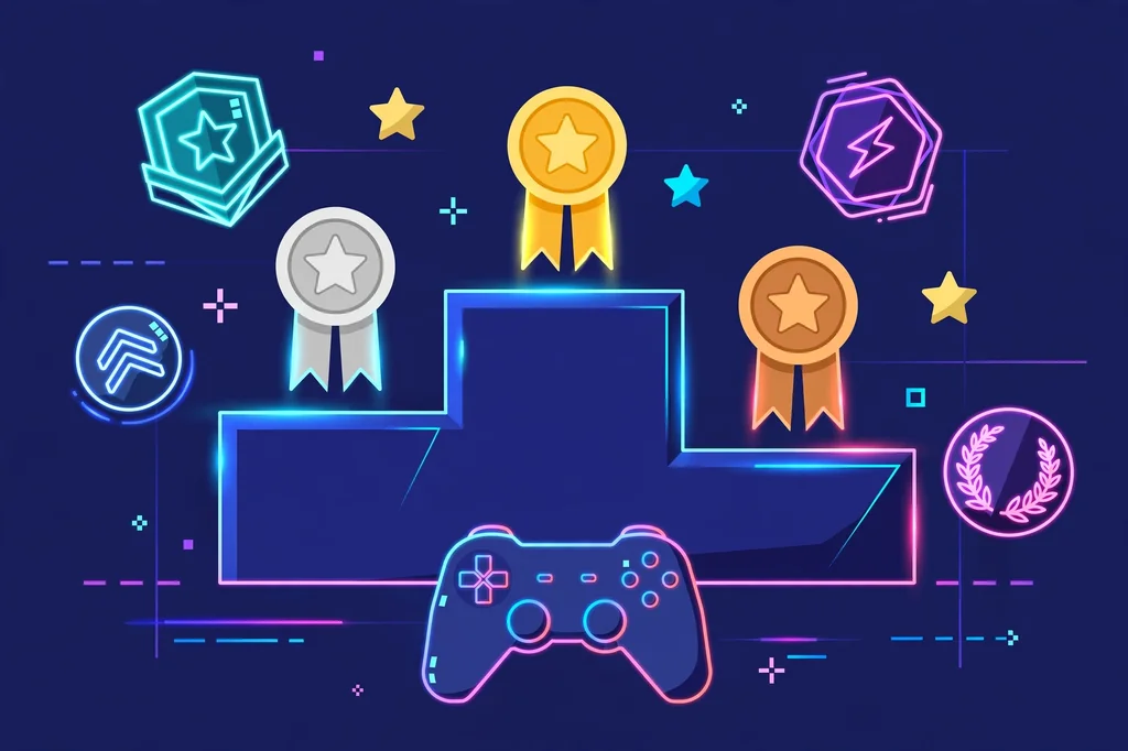 Flat illustration of a gaming tournament podium with medals, stars and ranking badges for PlayBattleSquare competition