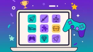 Flat illustration of a laptop showing a PlayMyWorld-style game library with game icons, controller, and trophy