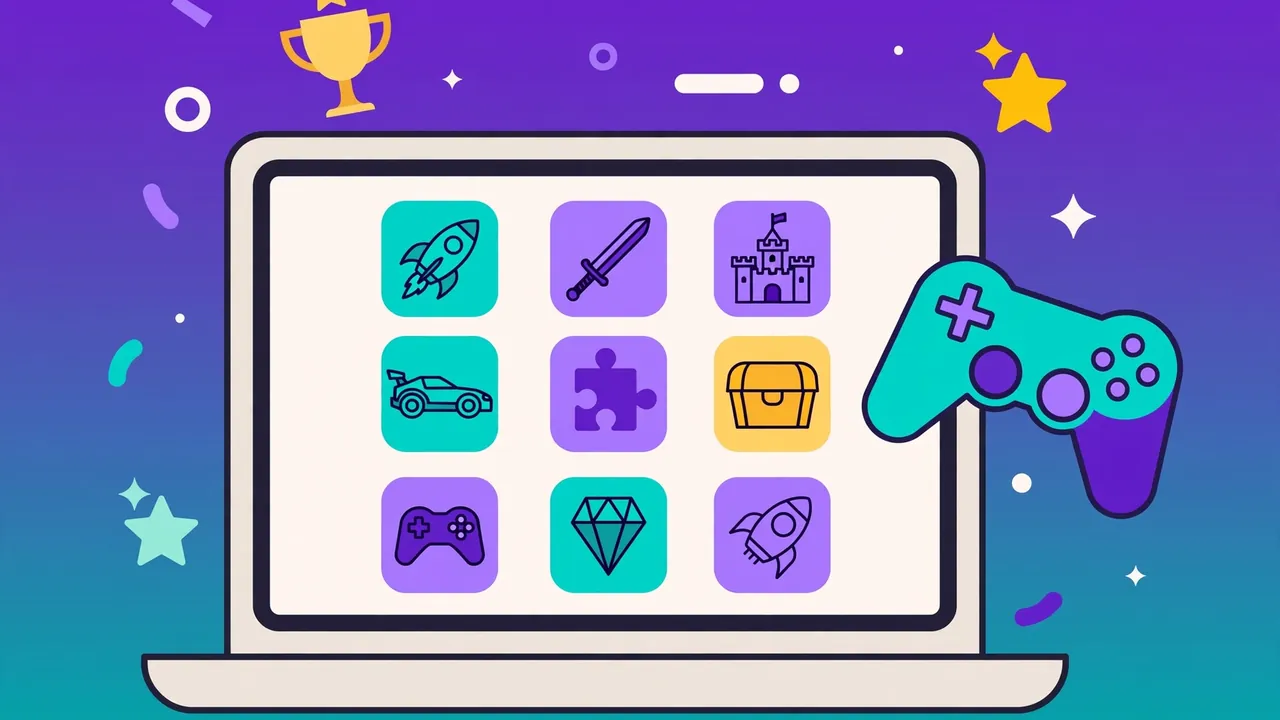 Flat illustration of a laptop showing a PlayMyWorld-style game library with game icons, controller, and trophy