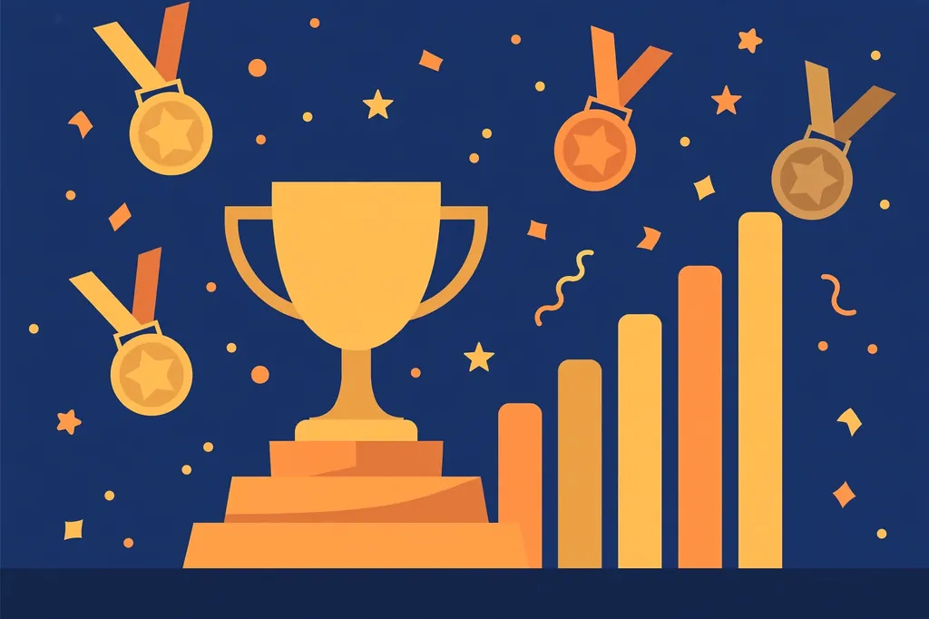 Flat illustration of a PlayMyWorld gaming tournament trophy with leaderboard and medals