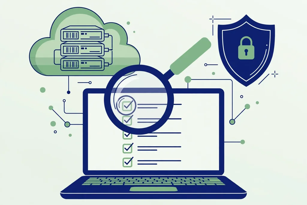 Cloud storage quikconsole com verification illustration with servers security shield and checklist on a laptop