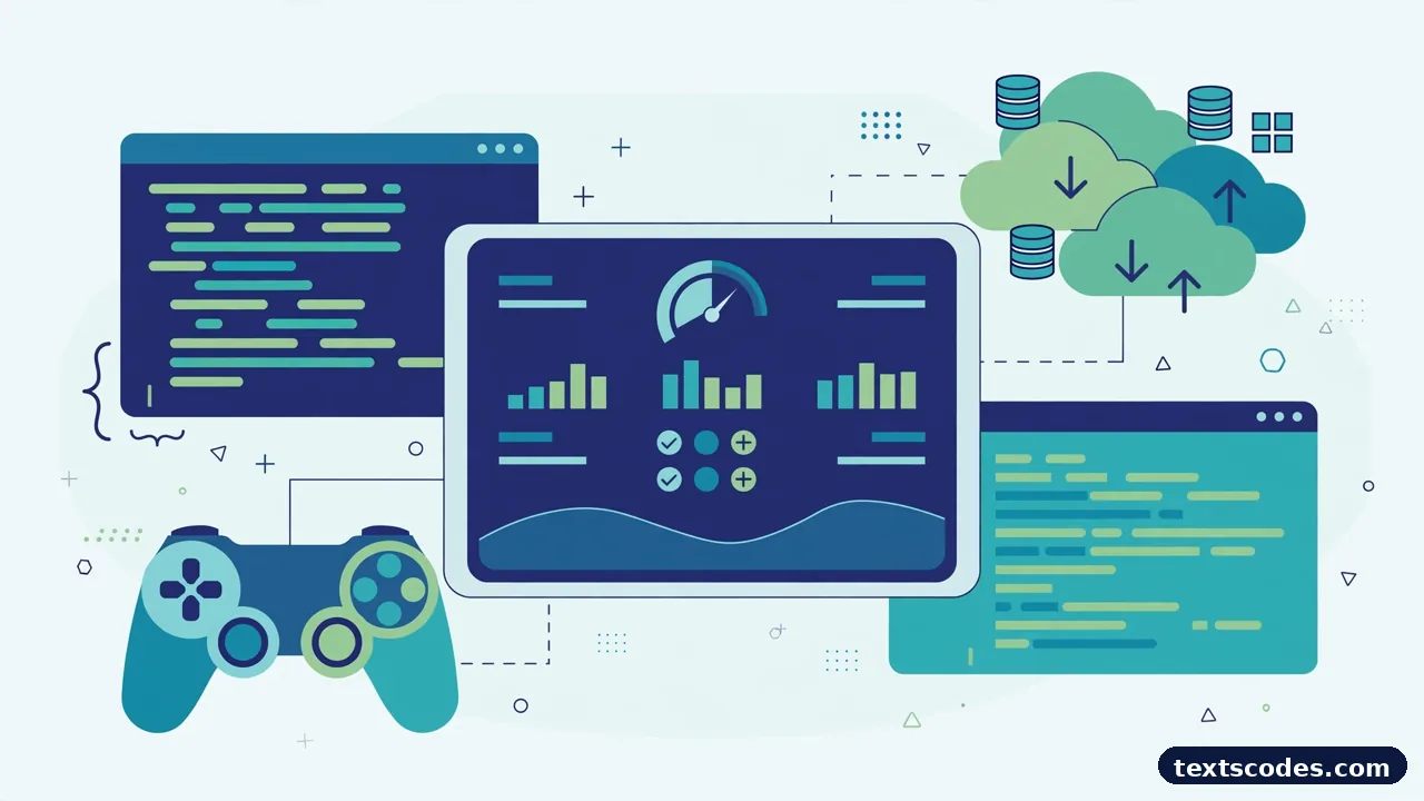 QuikConsole com review illustration with dashboard gaming console cloud storage and coding panels