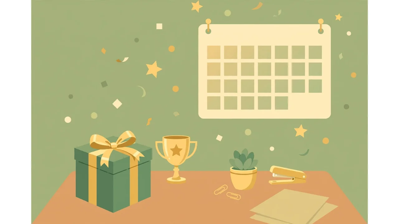 Respectful anniversary wishes to boss featured image: flat illustration of an office desk with a gift box, gold trophy, confetti and calendar, professional anniversary theme
