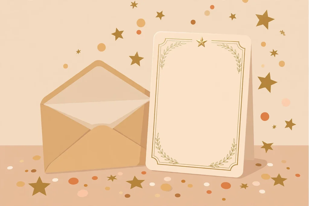Anniversary card messages for boss: flat illustration of an elegant greeting card with envelope, gold stars and confetti on a desk
