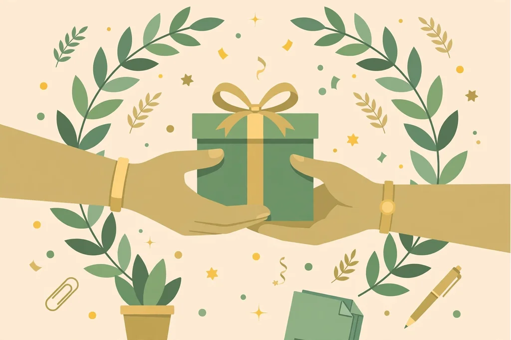 Work anniversary wishes to boss: flat illustration of hands exchanging a gift box with laurel leaves and confetti, office celebration theme