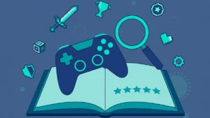 Flat illustration of a game review concept with a controller, star rating and magnifying glass for the Revolvertech gaming guide