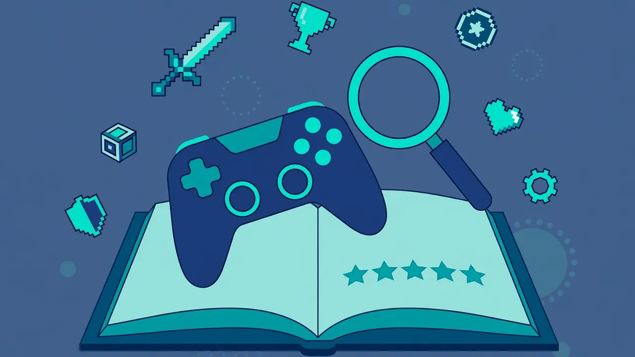 Flat illustration of a game review concept with a controller, star rating and magnifying glass for the Revolvertech gaming guide