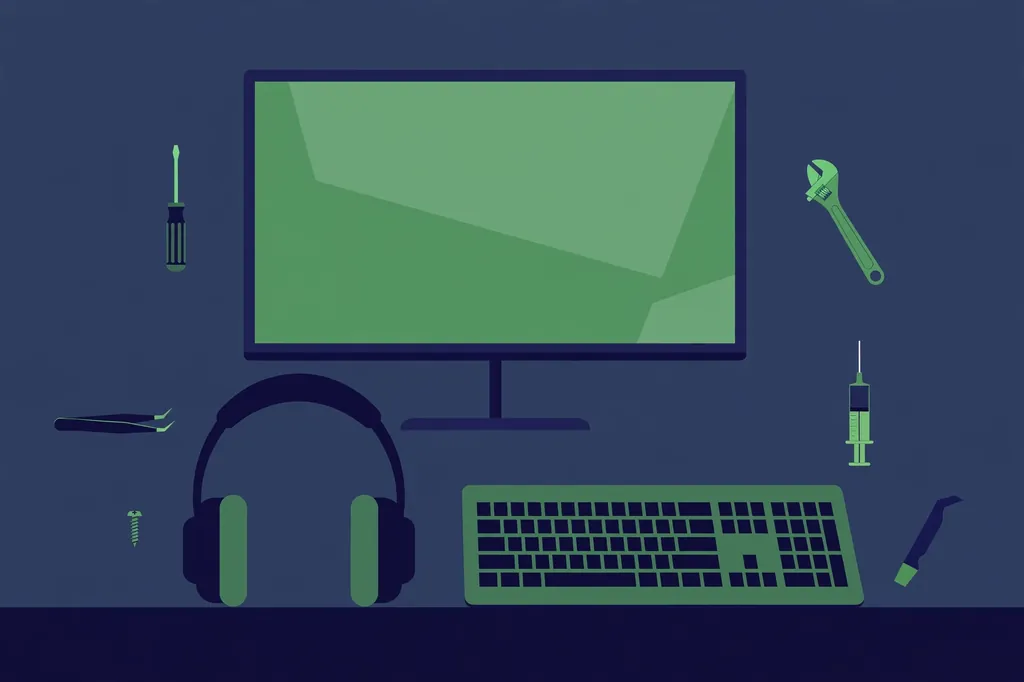 Flat illustration of a gaming setup with monitor, headset and keyboard for the Revolvertech hardware coverage section