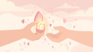 Flat illustration of two hands exchanging a glowing heart-shaped promise ring box with floating hearts