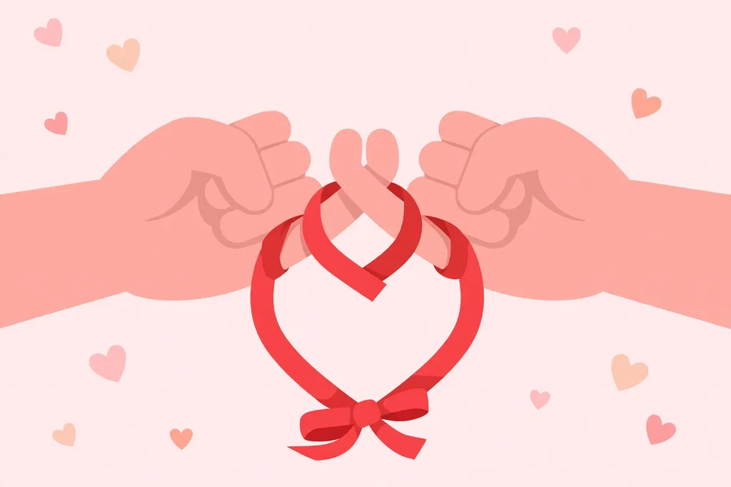 Flat illustration of a pinky promise between two hands tied with a red ribbon heart