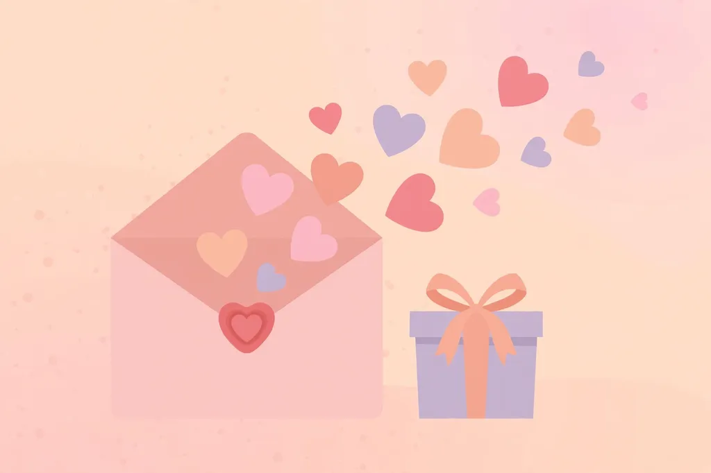 Flat illustration of an open love letter envelope with a heart seal and paper hearts flying out