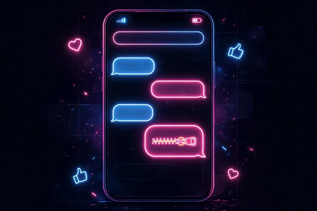 SN meaning in text chat examples on a phone in neon style