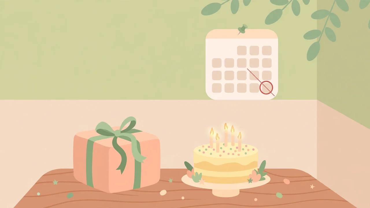 Flat illustration of a belated birthday scene with gift box, birthday cake and calendar — sorry for late wish messages