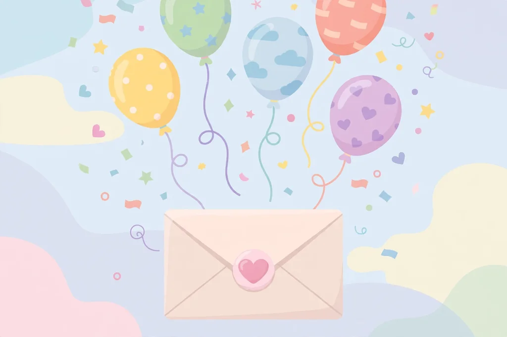 Flat illustration of a heart-sealed envelope with birthday balloons and confetti for belated birthday wishes