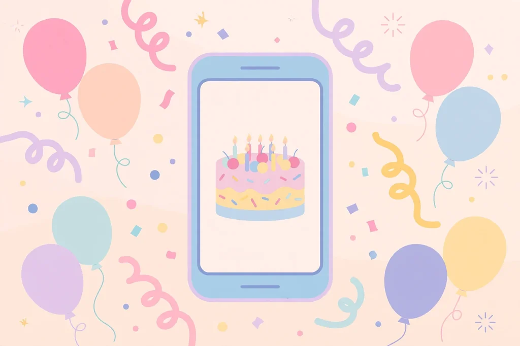 Flat illustration of a smartphone showing a birthday cake with balloons — sending a late birthday wish message