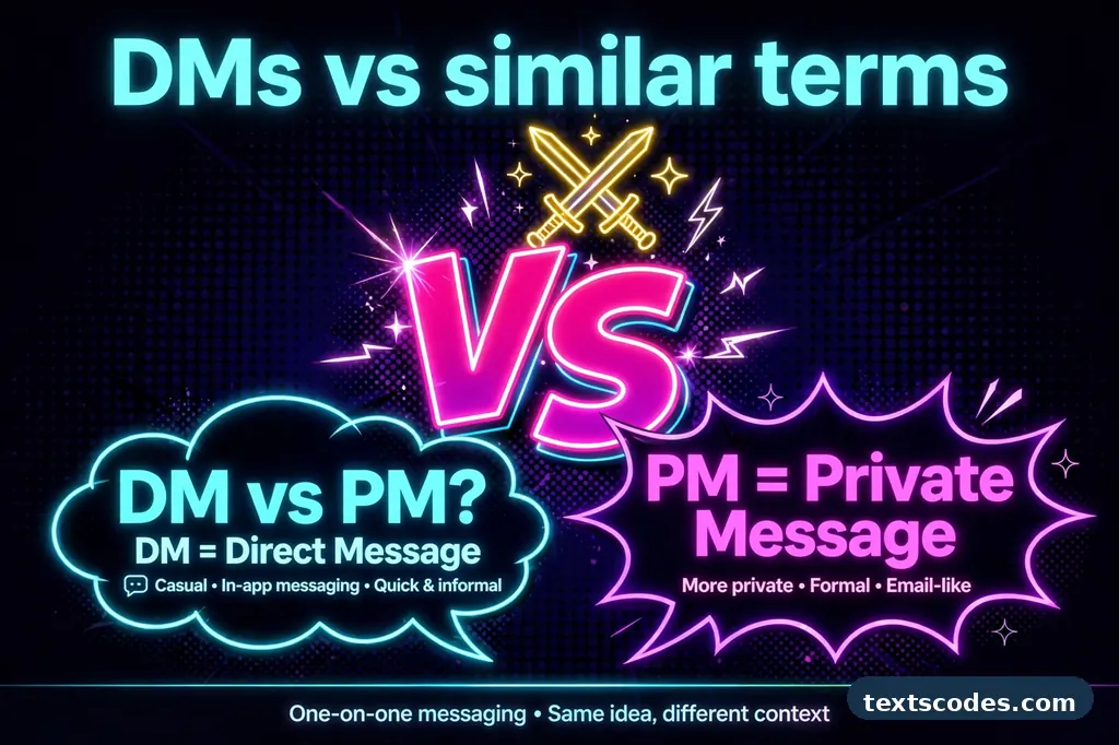 Illustration comparing the dms meaning with dm, pm, and private chat terms