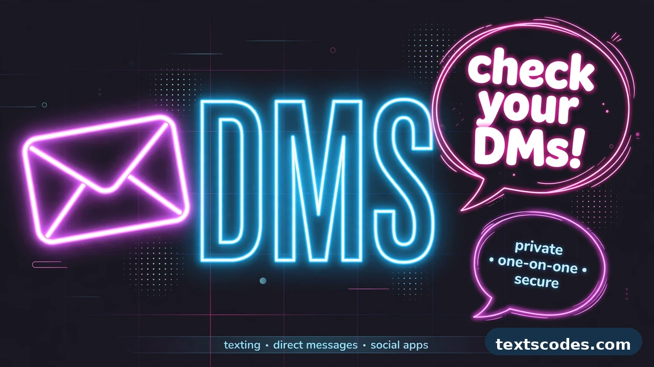 Flat illustration explaining the dms meaning in text with a phone showing a private message inbox