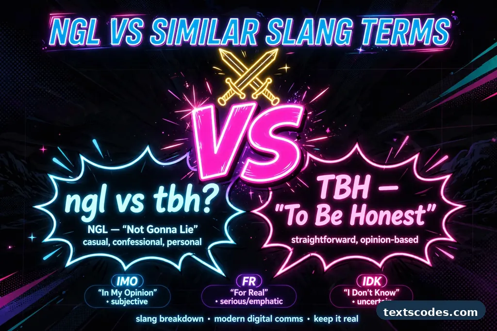 Comparison chart illustration explaining the ngl meaning versus similar slang like tbh and fr