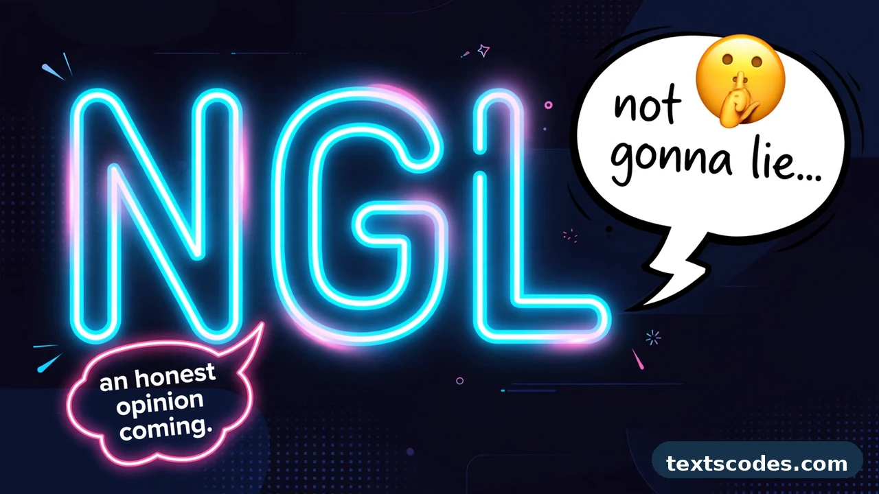 Flat illustration explaining the ngl meaning in text with a phone showing honest chat messages