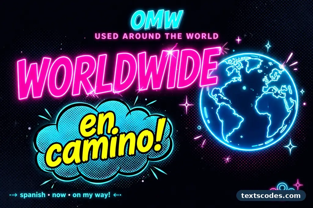 Illustration explaining the omw meaning with travel and messaging icons