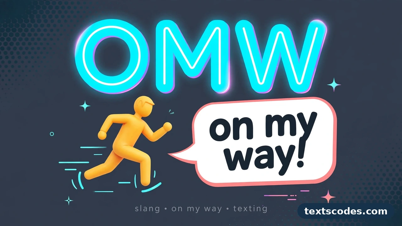 Flat illustration of a smartphone, chat bubbles, a car and a map pin showing the omw meaning in texting
