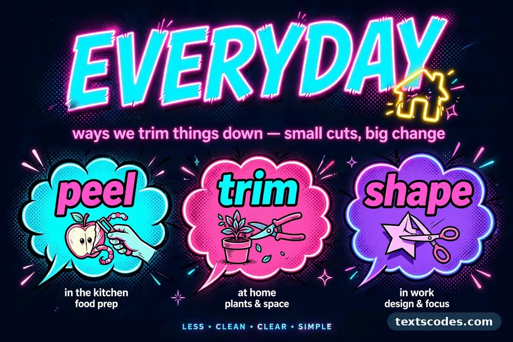 Flat illustration explaining the parer meaning as trimming away the excess