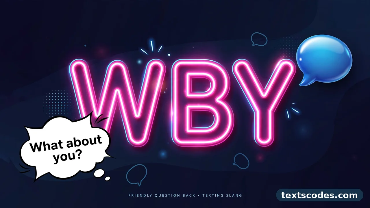 Flat illustration of two phones with bouncing question bubbles showing the wby meaning in text