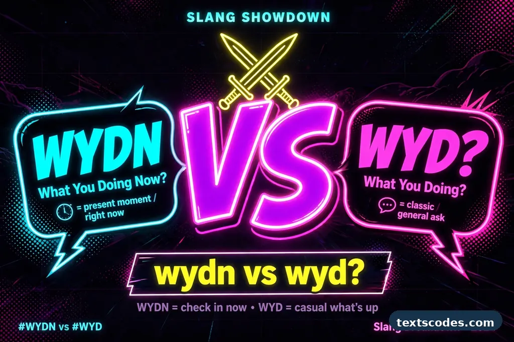 Side by side illustration comparing the wydn meaning with similar slang like wyd